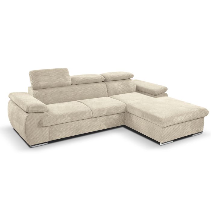 Canapé d'angle coté droit convertible velours côtelé beige avec têtières - KOST
