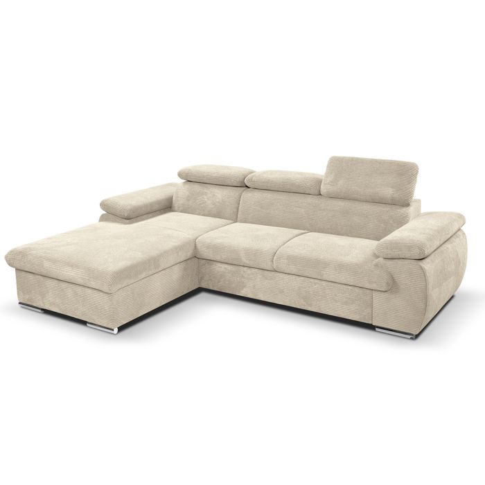Canapé d'angle coté gauche convertible velours côtelé beige avec têtières - KOST