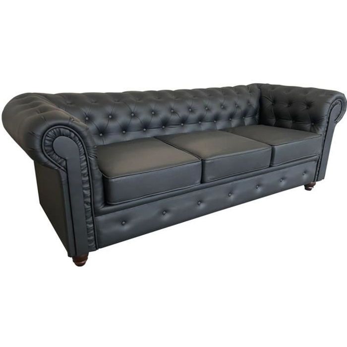 Canapé fixe CHESTERFIELD LEQUAIDESAFFAIRES - Noir - 213cm - 3 places - Effet cuir - Vintage