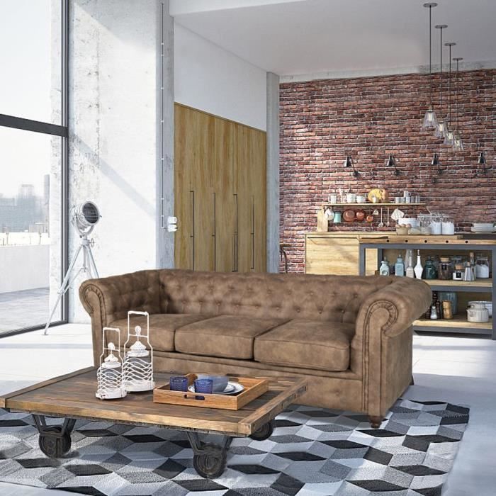 Canapé CHESTERFIELD 3 places - LEQUAIDESAFFAIRES - Marron vieilli - Fixe - Vintage - Tissu