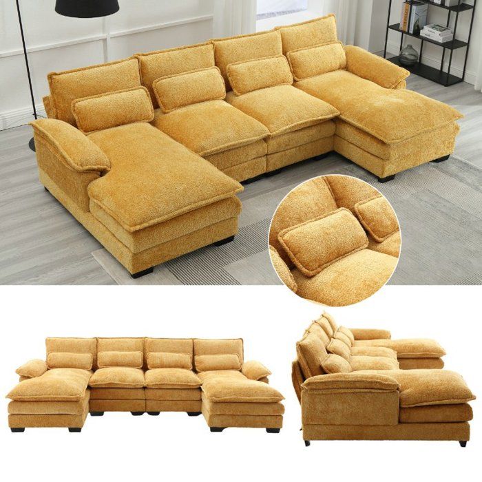 Canapé d'angle en tissu  bouclé - Canapé modulable 4 places moderne en U - avec 4 coussins lombaires - design ergonomique - jaune