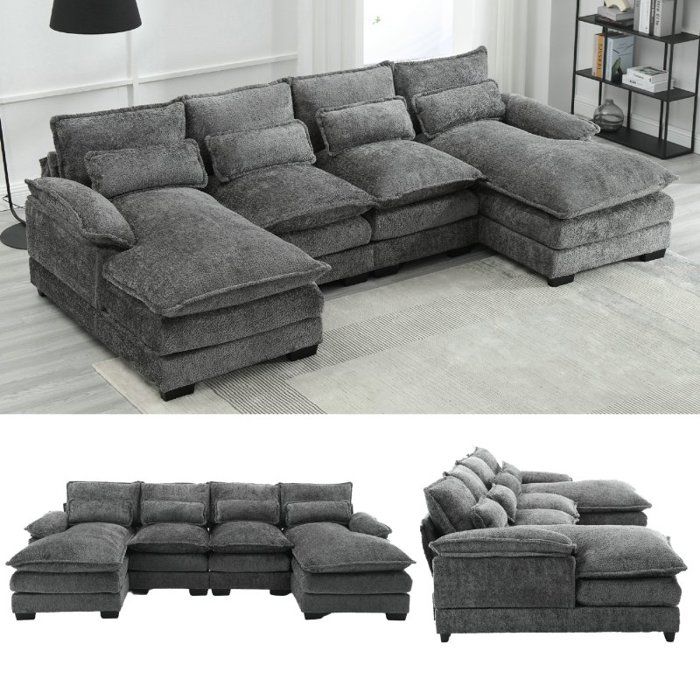 Canapé d'angle en tissu  bouclé - Canapé modulable 4 places moderne en U - avec 4 coussins lombaires - design ergonomique - gris