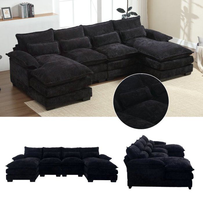 Canapé d'angle 4 places avec 4 coussins lombaires - en forme U - design ergonomique - style moderne - tissu  bouclé - noir