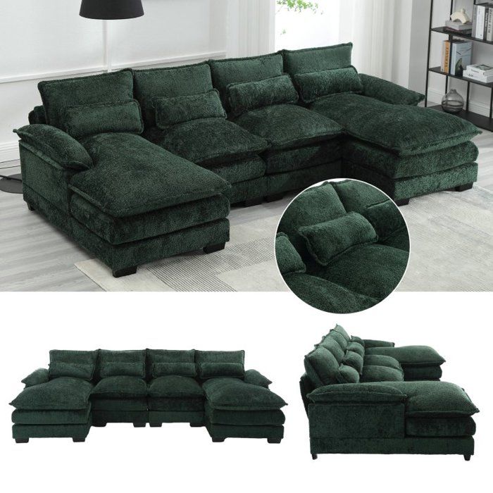 Canapé 4 places en tissu bouclé - Canapé moderne en U avec 4 coussins lombaires pour salon - design ergonomique - émeraude