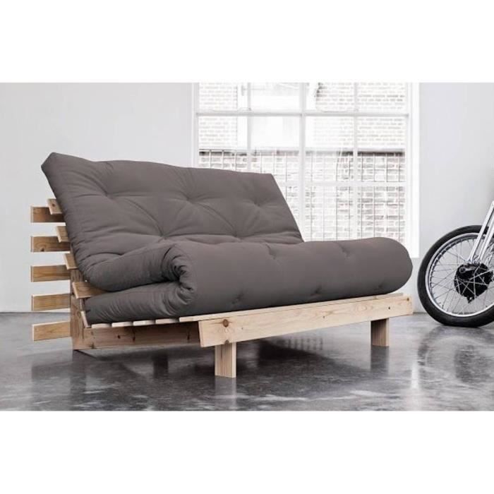 Canapé convertible futon RACINES pin naturel coloris gray couchage 140*200 cm. gris Tissu Inside75