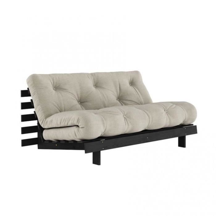 Canapé convertible futon ROOTS pin laqué noir matelas 160 x 200 cm coloris lin blanc Bois Inside75