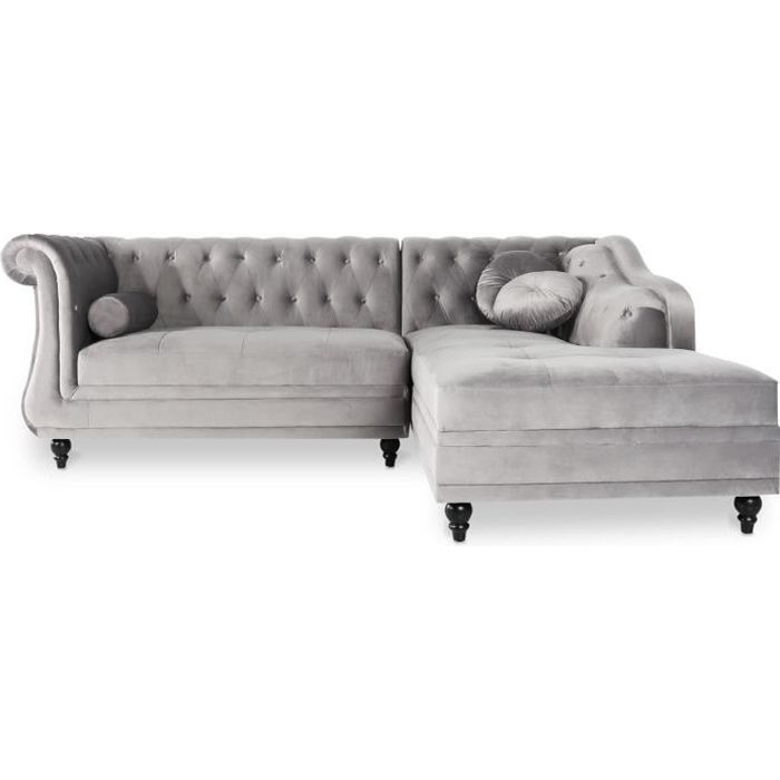 Canapé d'angle Droit Empire Argent Velours style Chesterfield