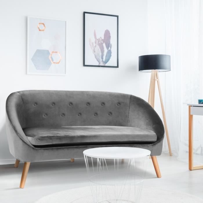 Canapé banquette en velours Sonia gris - - Vintage - Tissu - 2 places - Moelleux