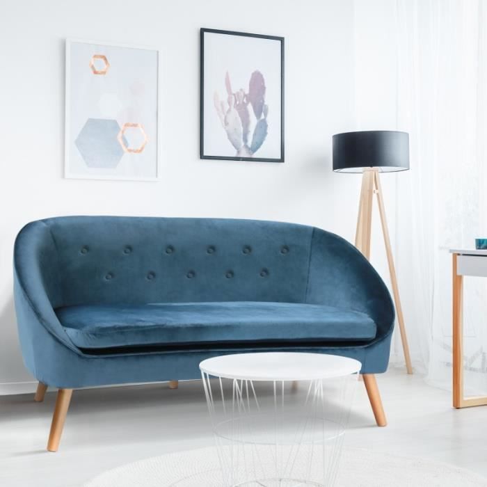 Canapé banquette en velours Sonia bleu - - Fixe - 2 places - Moelleux - Vintage