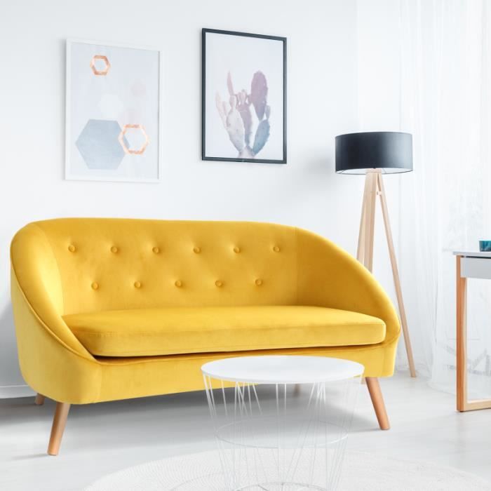 ID MARKET - Canapé banquette en velours Sonia jaune