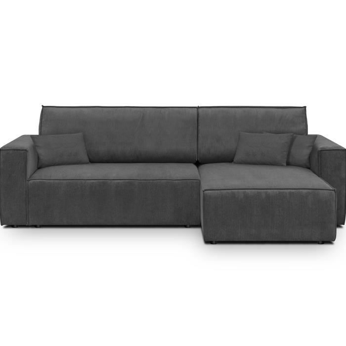 Canapé d'angle convertible réversible 4 places avec coffre de rangement en velours fines côtes gris anthracite - Livia New