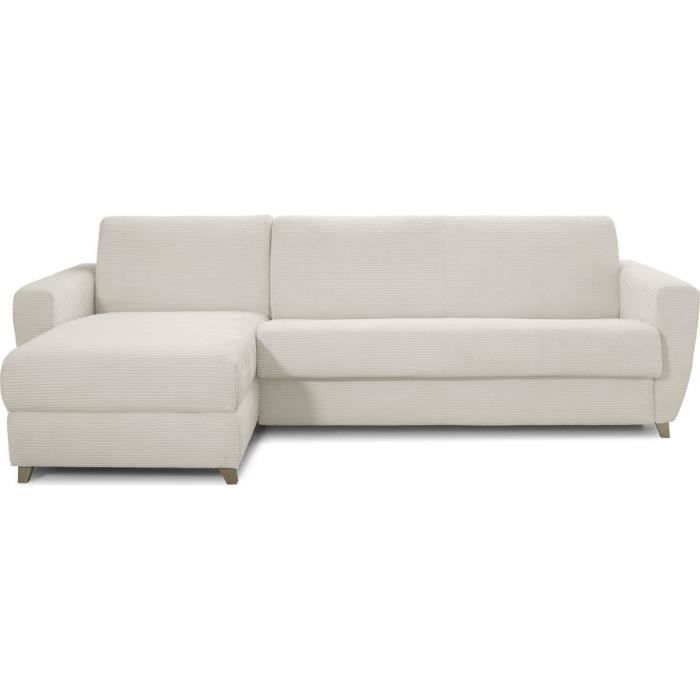 Canapé d'angle convertible réversible 5 places en velours côtelé beige - ouverture express - Leandro