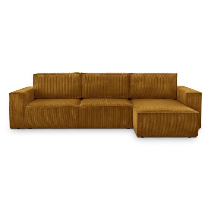Canapé convertible 5 places - HOMIFAB - Harper - Angle réversible - Coffre de rangement - Velours côtelé jaune