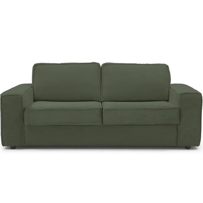 Canapé convertible 3 places en velours côtelé vert - Ouverture express - Couchage quotidien - Matelas HD 140 x 190 - Dario