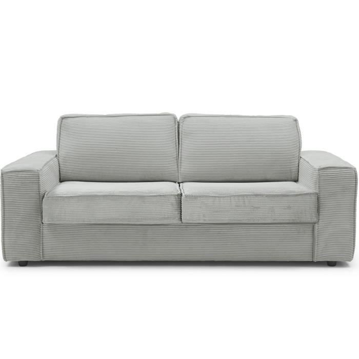 Canapé convertible 3 places en velours côtelé gris - Ouverture express - Couchage quotidien - Matelas HD 140 x 190 - Dario