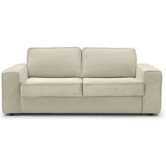 Canapé convertible 3 places en velours côtelé beige - Ouverture express - Couchage quotidien - Matelas HD 140 x 190 - Dario