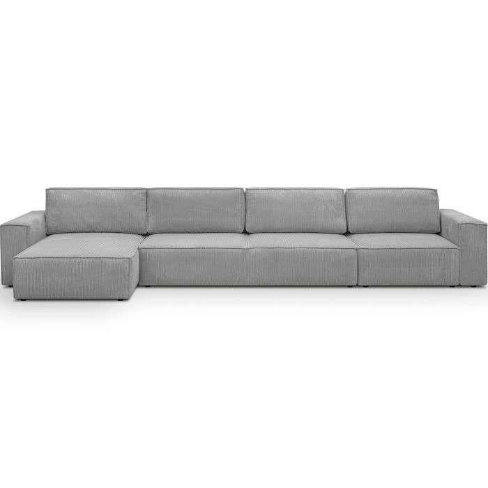 Canapé d'angle modulable réversible convertible 7 places avec coffre de rangement en velours côtelé gris clair - Harper Mod