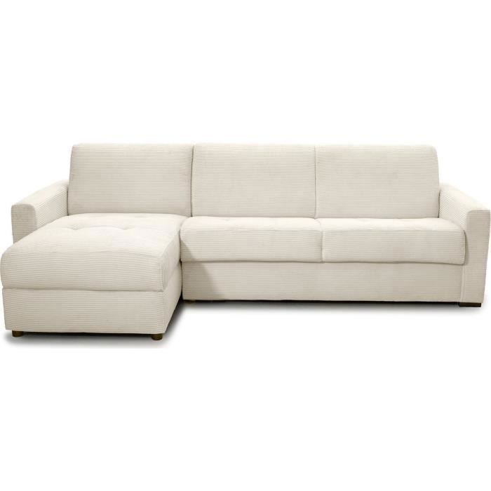 Canapé d'angle convertible réversible 5 places en velours côtelé beige - ouverture express - Paloma