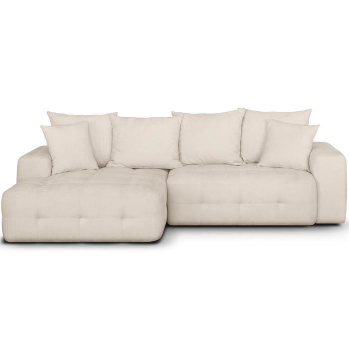 Canapé d'angle à gauche convertible 4 places avec coffre en tissu chenille beige - Léo