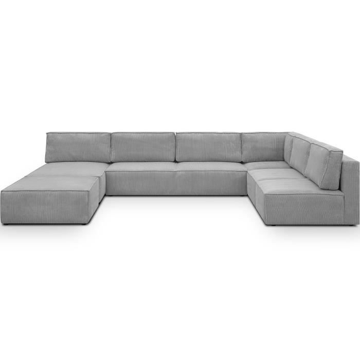 Canapé d'angle à droite panoramique modulable convertible 10 places avec pouf en velours côtelé gris clair - Harper Mod