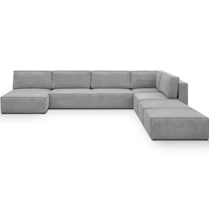 Canapé d'angle à droite panoramique convertible modulable 8 places avec 2 poufs en velours côtelé gris clair - Harper Mod