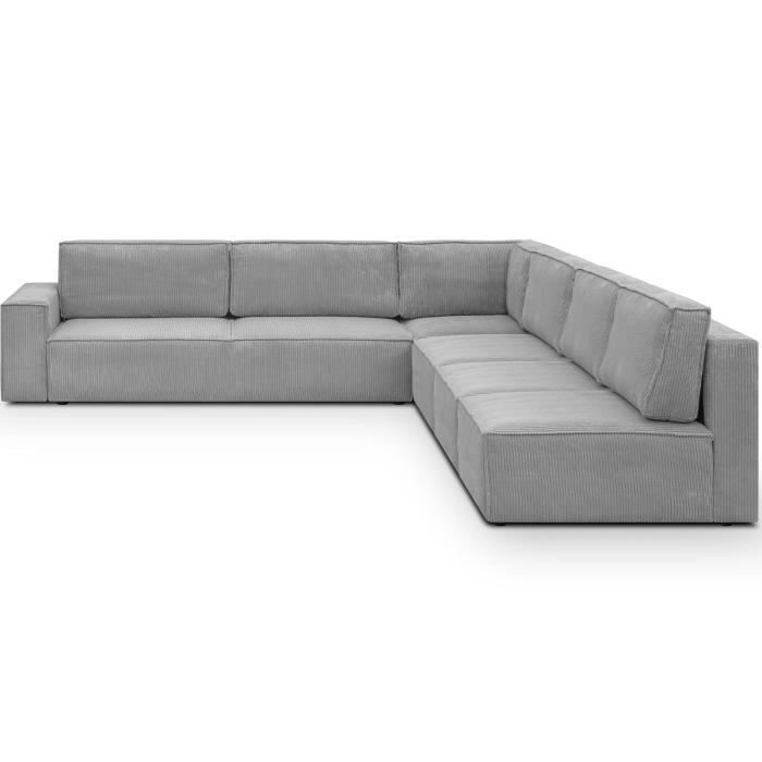 Canapé d'angle à droite convertible modulable 10 places avec coffre de rangement en velours côtelé gris clair - Harper Mod