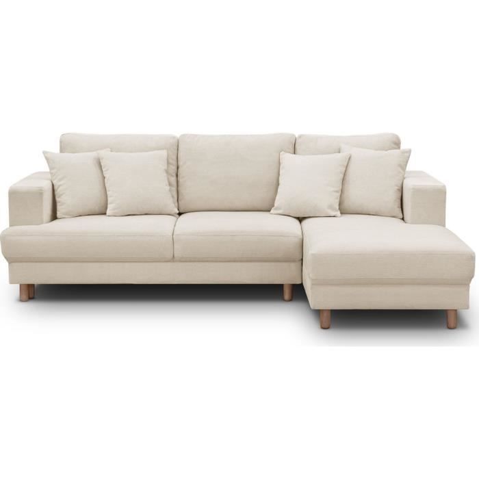 Canapé d'angle à droite convertible 4 places en tissu chenille beige - Marceau