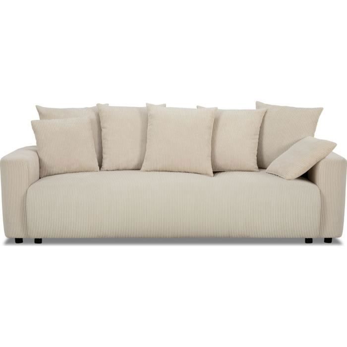 Canapé convertible 3 places en velours côtelé beige avec coffre de rangement - Uma