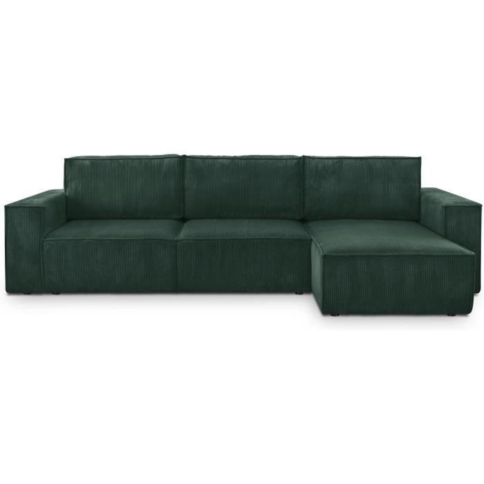 Canapé d'angle 5 places convertible réversible avec coffre de rangement en velours côtelé vert foncé - Harper New