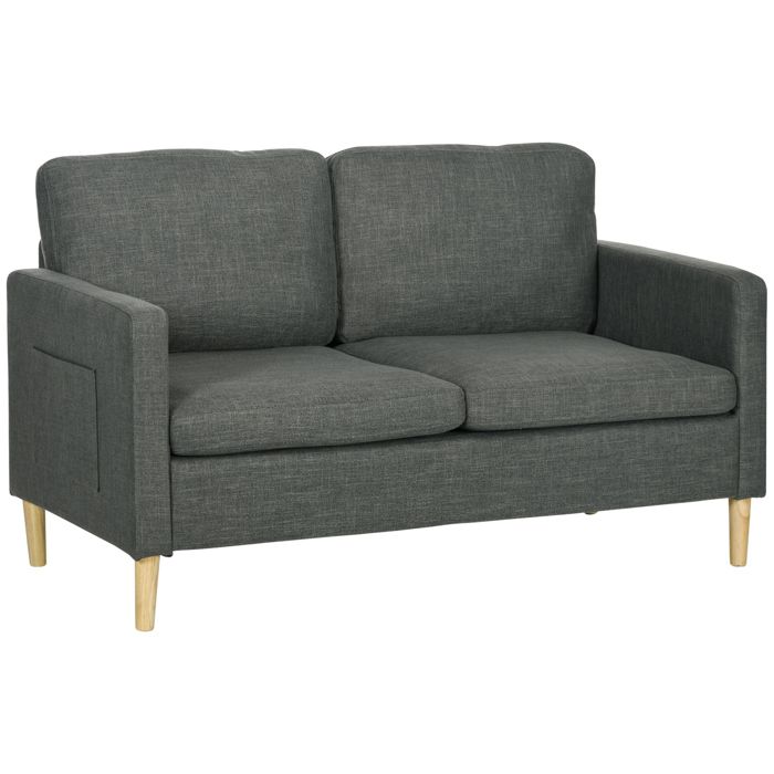 HOMCOM Canapé 2 places style contemporain pochettes sur les accoudoirs pieds en bois revêtement tissu aspect lin - gris