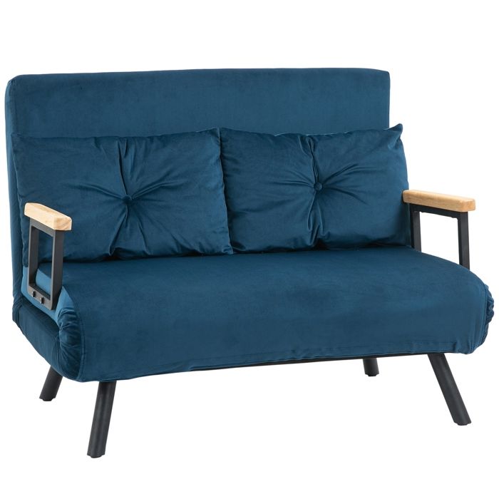 Canapé convertible HOMCOM 2 places avec dossier réglable à 5 niveaux et 2 coussins rembourrés, revêtement effet velours, bleu