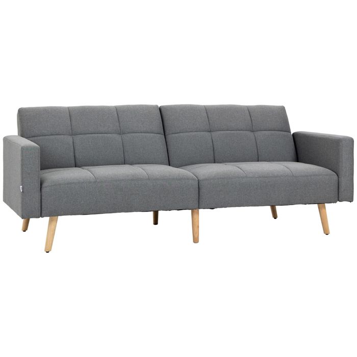 Canapé convertible 2 places design scandinave dossier inclinable 3 positions piètement bois tissu aspect lin gris 205x88x80cm Gris