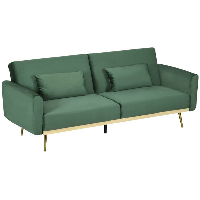 Canapé convertible 3 places HOMCOM canapé-lit avec 2 coussins déhoussable revêtement aspect velours - 206l x 81P x 83H cm - vert
