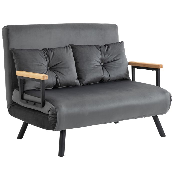 Canapé convertible 2 places - HOMCOM - dossier réglable sur 5 niveaux et 2 coussins rembourrés - pour salon, chambre d'amis - gris