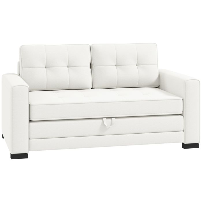 Canapé convertible 2 places - HOMCOM - avec dossier capitonné, coussins et matelas pliable au sol - 147,5 x 75 x 85 cm - blanc