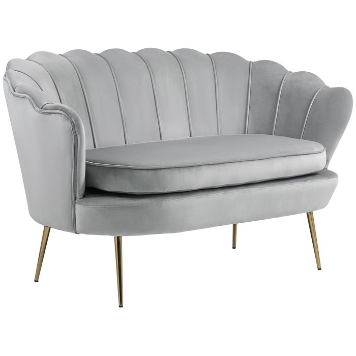 Canapé 2 places en tissu velours - HOMCOM - en forme de coquillage - coussin épais de 10 cm - structure en acier - gris clair