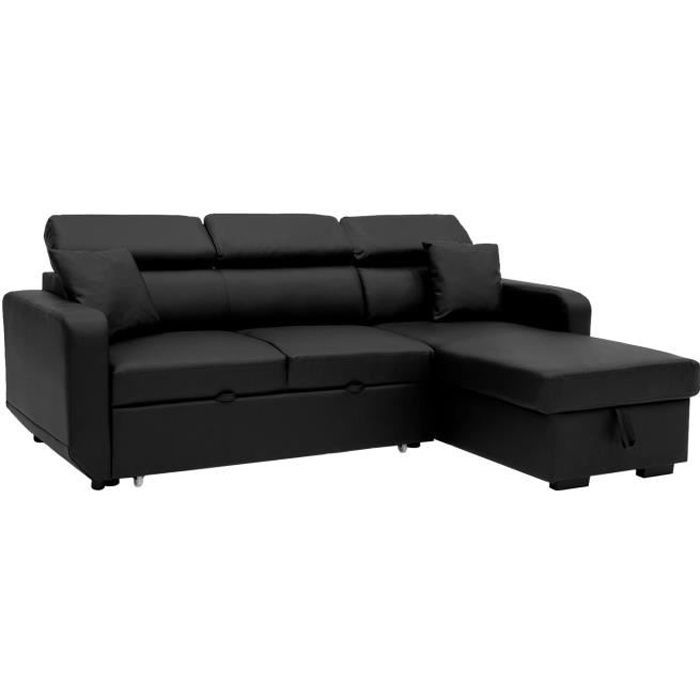 Canapé d'angle convertible - HAPPY GARDEN - WARREN 3 places - Simili noir - Coffre de rangement - Réversible