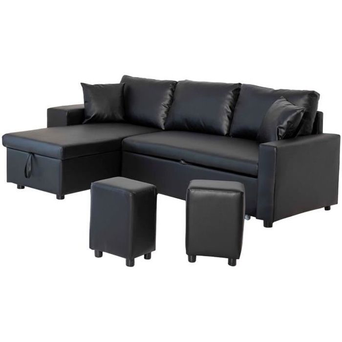 Canapé d'angle convertible - HAPPY GARDEN - TONY - Noir - Méridienne réversible - Coffre de rangement