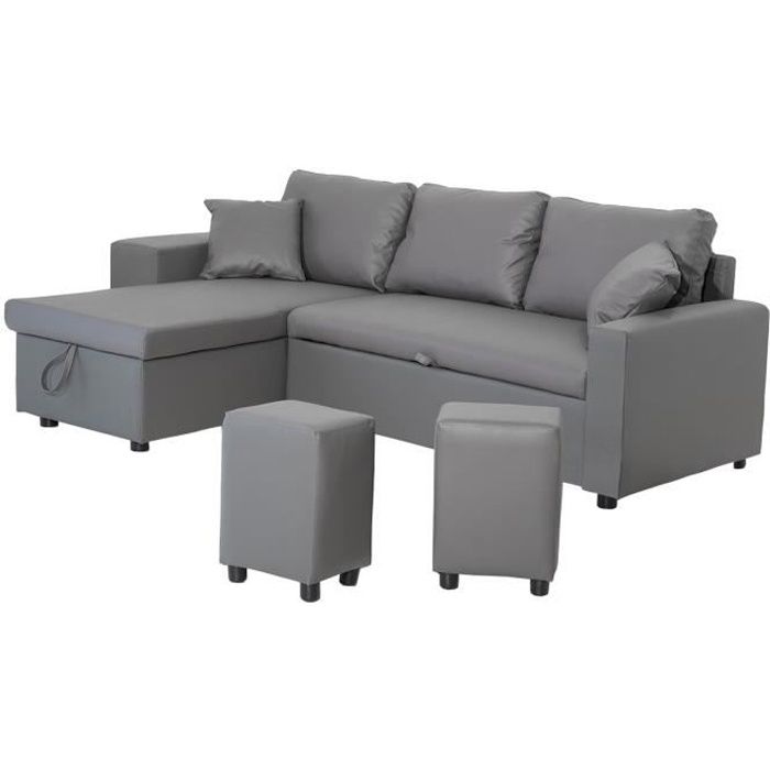 Canapé d'angle convertible HAPPY GARDEN TONY 3 places gris avec coffre de rangement et poufs