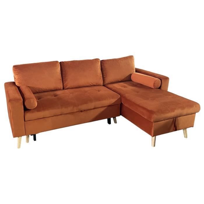 Canapé d'angle convertible JAMES 3 places en velours terracotta