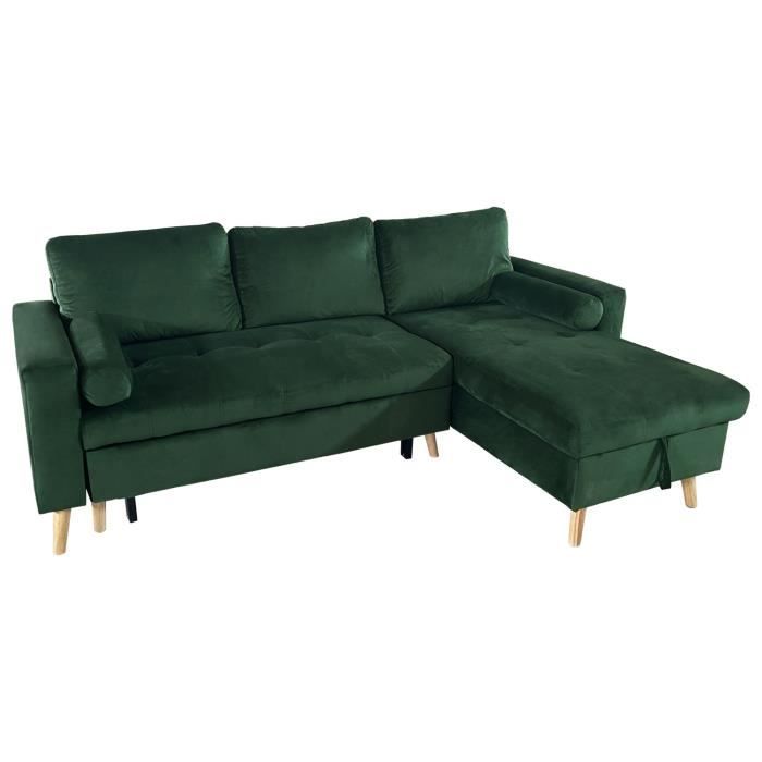 Canapé d'angle convertible - HAPPY GARDEN - JAMES - Velours vert - 3 places - Réversible