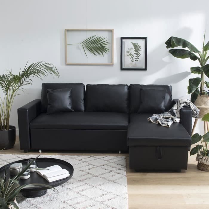 Canapé d'angle convertible simili cuir CLARK 3 places noir - HAPPY GARDEN - Réversible - Occasionnel - Moelleux