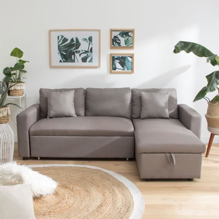 Canapé d'angle convertible - HAPPY GARDEN - CLARK - Taupe - Couchage 140x200cm - Coffre de rangement
