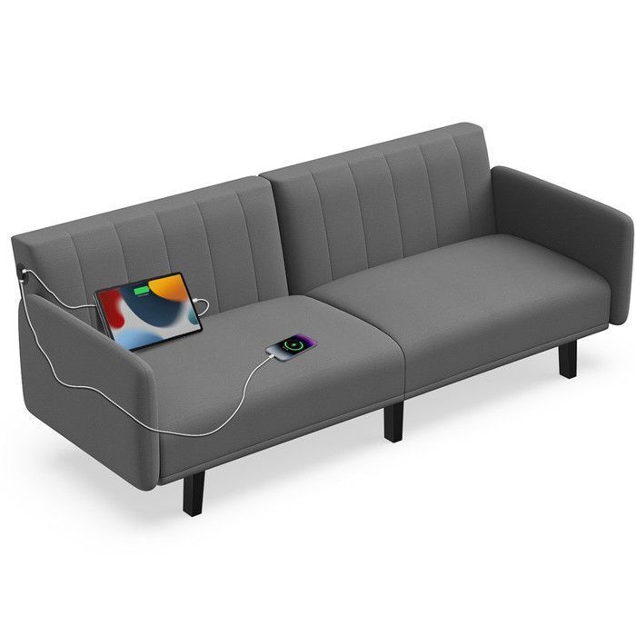 Canapé convertible 3 places HAMLODY | Clic clac | Canapé lit Avec port de charge USB | Dossier inclinable | Tissu Aspect Lin Gris