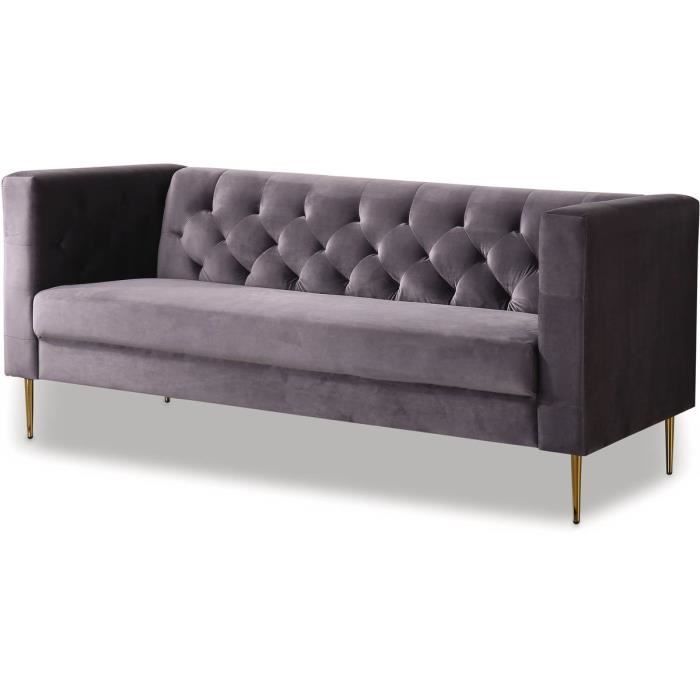 Canapé fixe en velours Bruce - 196 x 76 x 82 cm - 3 places - Gris - HABITAT ET JARDIN