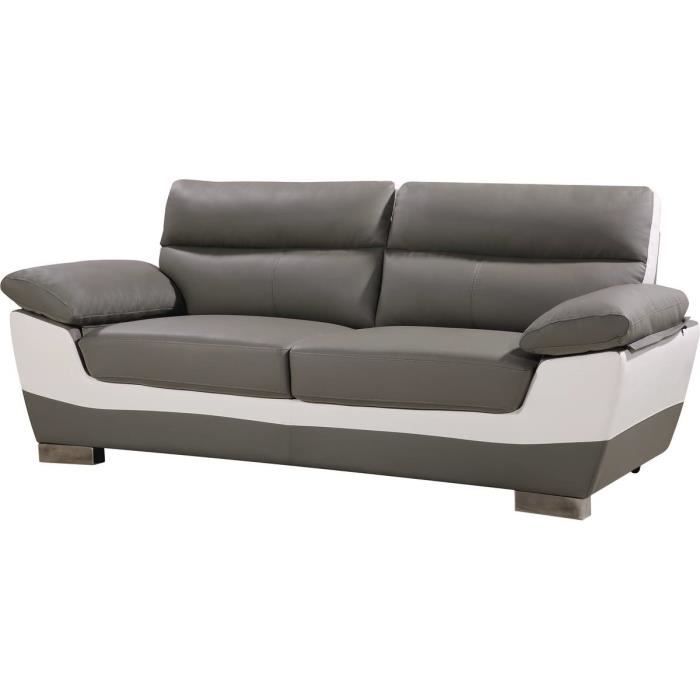 Canapé fixe en cuir reconstitué et PVC 'Dallas' - 210 x 88 x 90 cm - 3 places - Gris/Blanc - HABITAT ET JARDIN