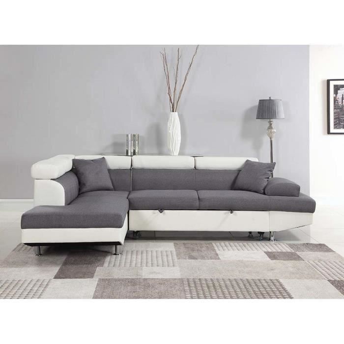 Canapé d'angle convertible Sophia luxe - Blanc / Gris - Angle gauche - 5 personnes - Tissu - HABITAT ET JARDIN