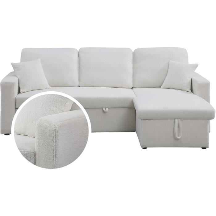 Canapé d'angle convertible Alain - Bouclettes - Blanc - 3 places - Avec coffre