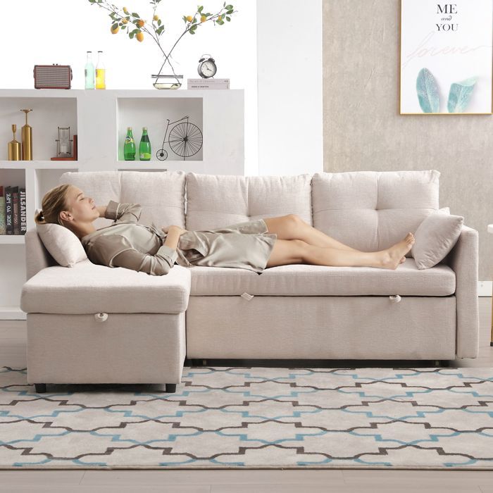 Gutent Canapé sectionnel en L avec chaise longue réversible, avec siège de rangement, beige