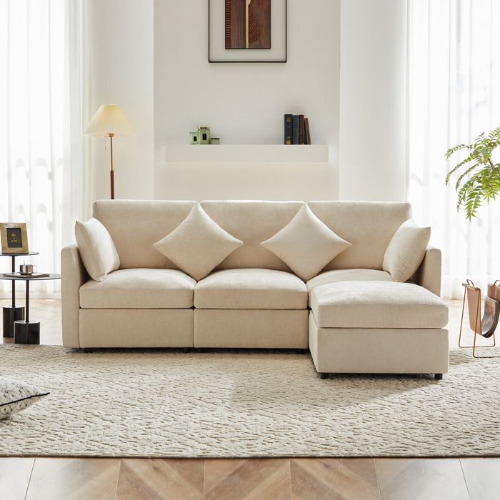 Gutent Canapé en tissu Chenille, canapé 3/4 places, canapé d'angle en L avec pouf, pour appartements, Beige